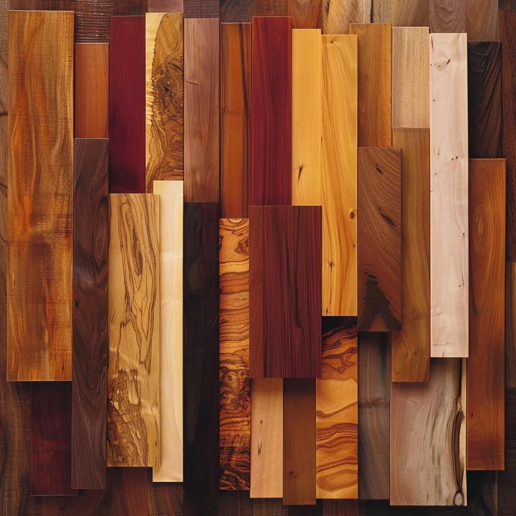 Artistic display of exotic hardwood samples showcasing unique colors and grain patterns