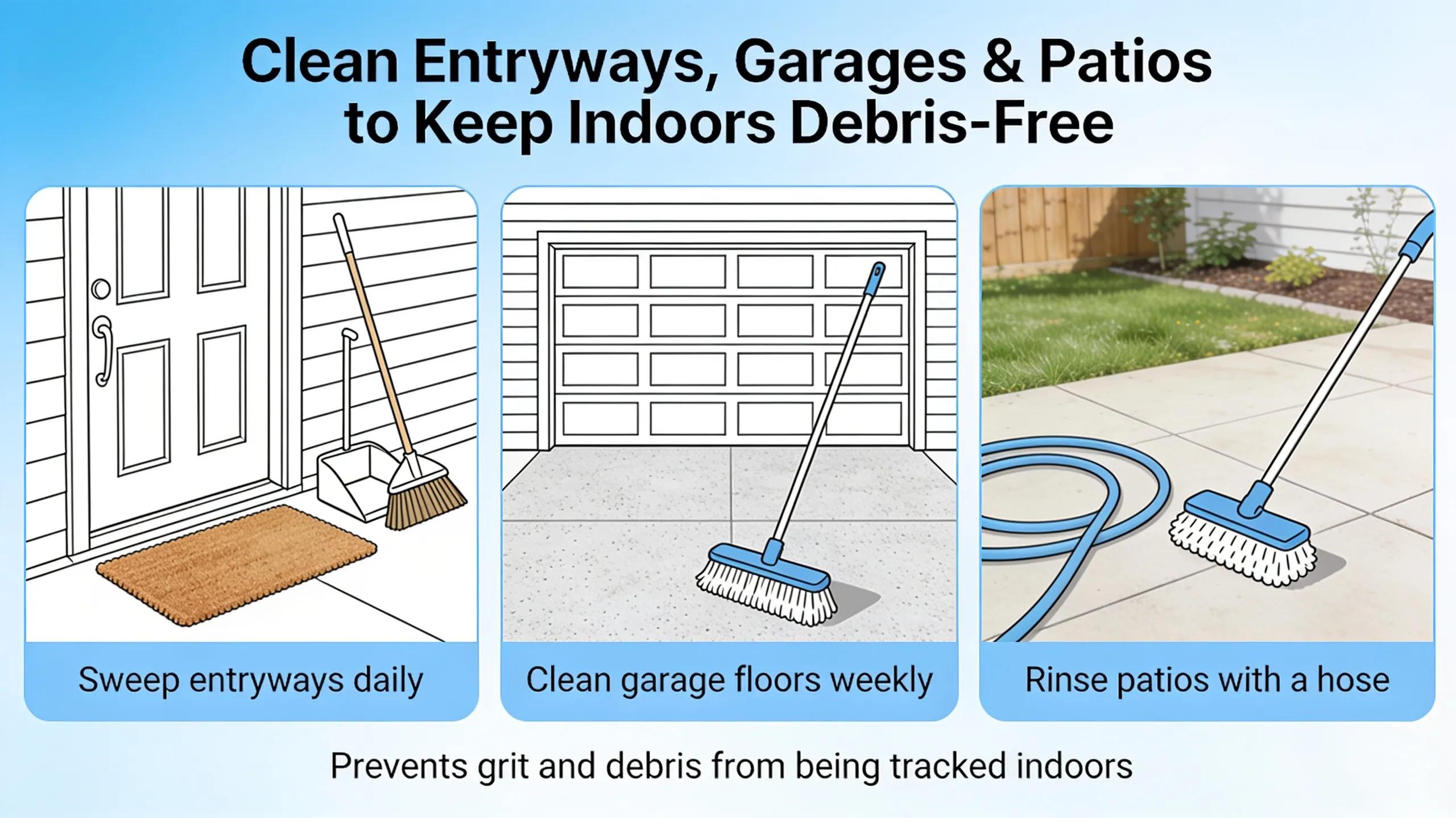 Keeping entryways, garages, and patios clean stops grit and debris from being tracked indoors, where