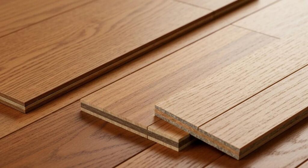 Close-up comparison of solid hardwood and engineered hardwood flooring showcasing construction differences