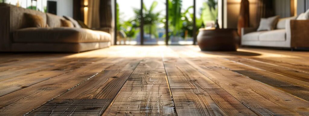a beautifully designed modern interior showcases reclaimed wood flooring, emphasizing its rich textures and unique patterns, surrounded by minimalist furniture and warm lighting, conveying sustainability and timeless elegance.