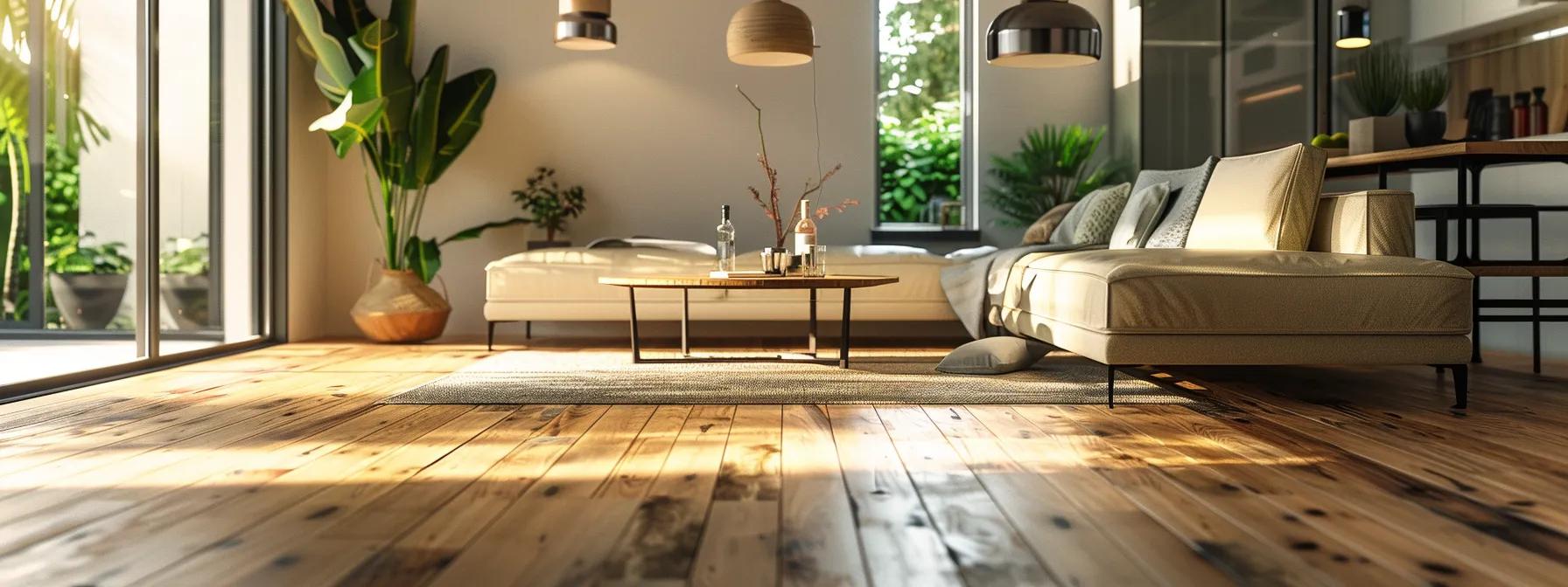 a chic, modern interior showcases a luxurious eco-friendly hardwood floor, illuminated by warm pendant lighting and accented with minimalistic furnishings, embodying the essence of sustainable living.