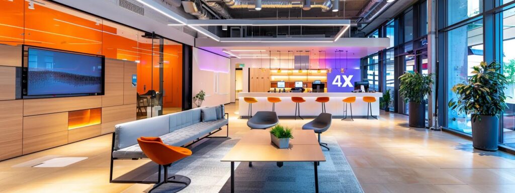 a modern office interior showcases a sleek table displaying a detailed comparison of eco-friendly flooring options, with highlighted attributes illuminating sustainable choices under vibrant, focused lighting.