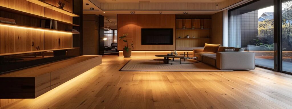 a sleek, modern interior design showcases a spacious living area featuring eco-friendly hardwood flooring made of reclaimed wood, elegantly illuminated by warm, ambient lighting that highlights its rich textures and sustainable appeal.