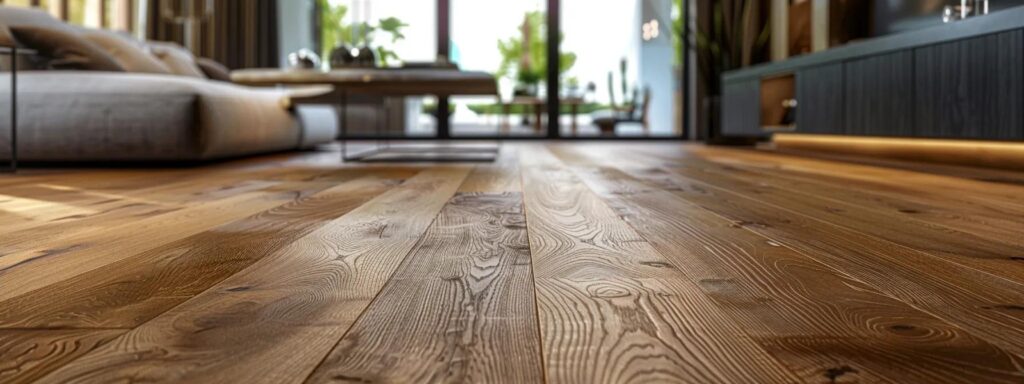 a sleek, modern interior showcases a beautifully installed low-voc hardwood floor, bathed in warm, artificial lighting that highlights its natural grain while emphasizing a serene, health-focused living space.