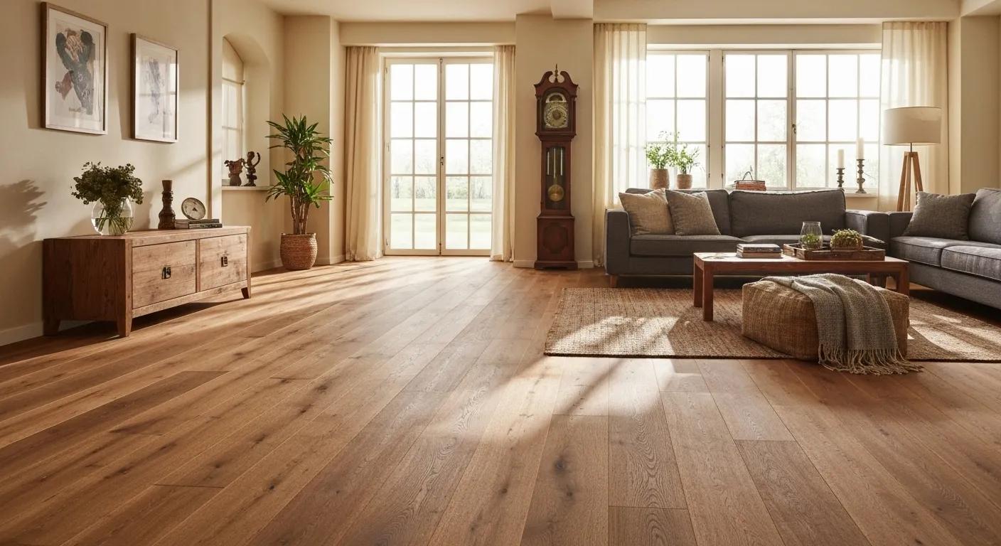 Living room with solid and engineered hardwood flooring showcasing natural wood textures and warm lighting