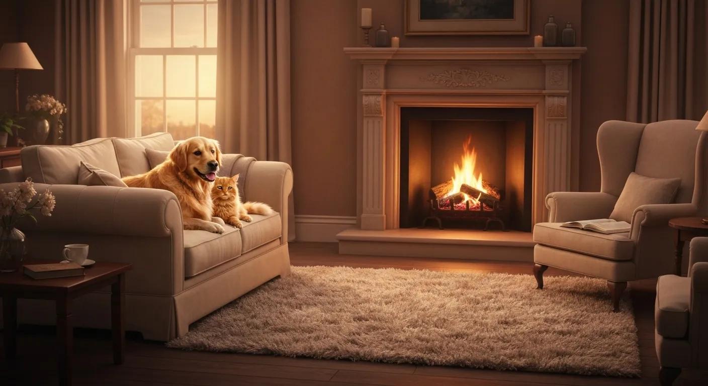 Cozy living room with hardwood flooring, featuring a dog and cat, emphasizing pet-friendly design