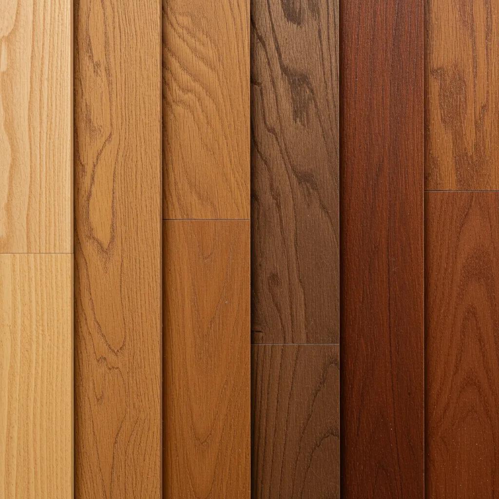 Close-up of oak, hickory, and maple hardwood samples, showcasing their unique grain patterns for pet durability