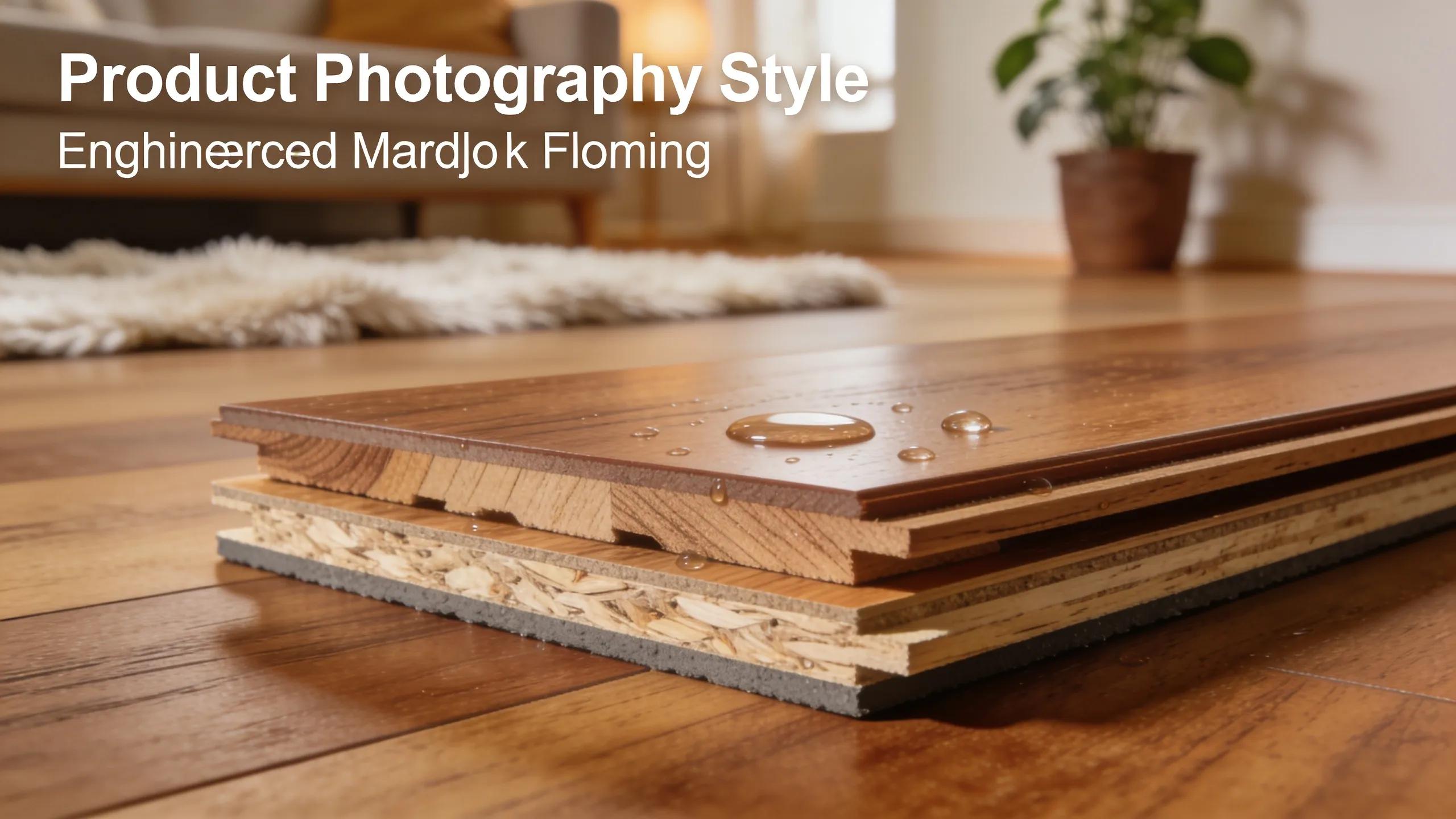 Detailed view of engineered hardwood floor layers showcasing durability and moisture resistance