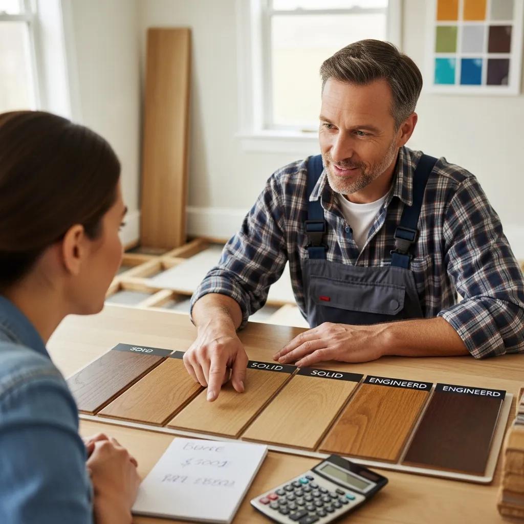 Contractor discussing flooring options with homeowner, showcasing hardwood samples and budgeting tools