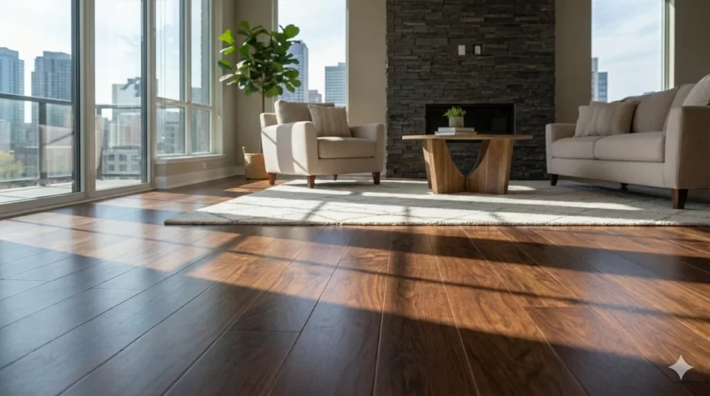 hardwood floors in a condo living room with natural light
