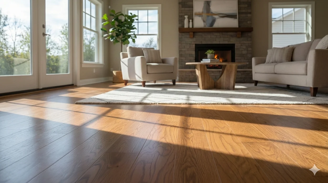 hardwood floors in a cozy living room with natural light