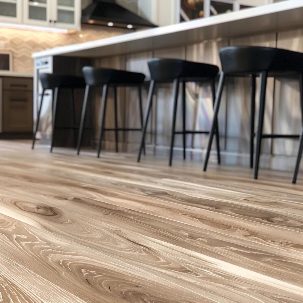 Luxury vinyl plank flooring in a modern kitchen highlighting waterproof features