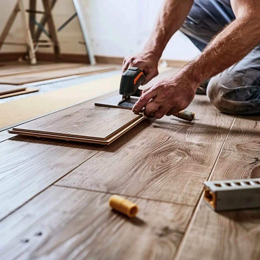 Homeowner performing DIY flooring installation in a cozy living room