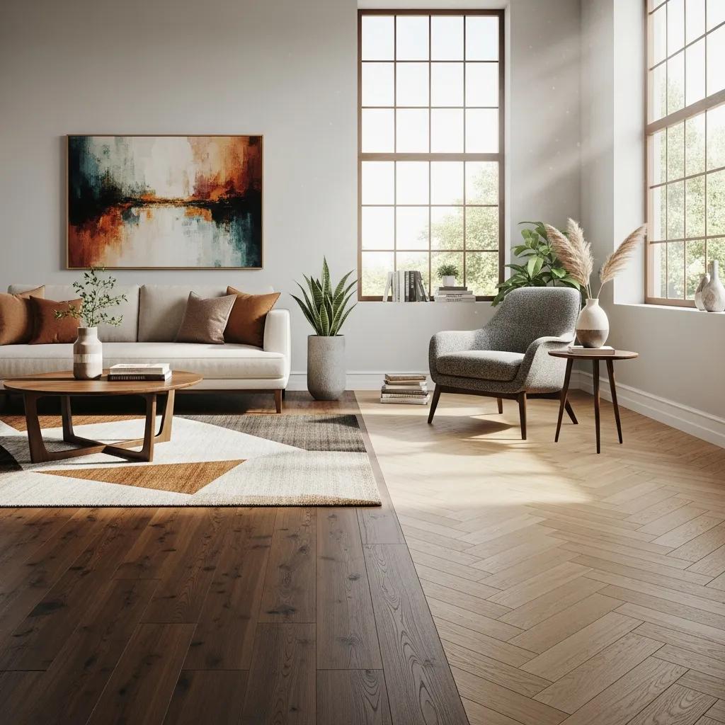 Living room showcasing solid and engineered hardwood flooring with stylish decor