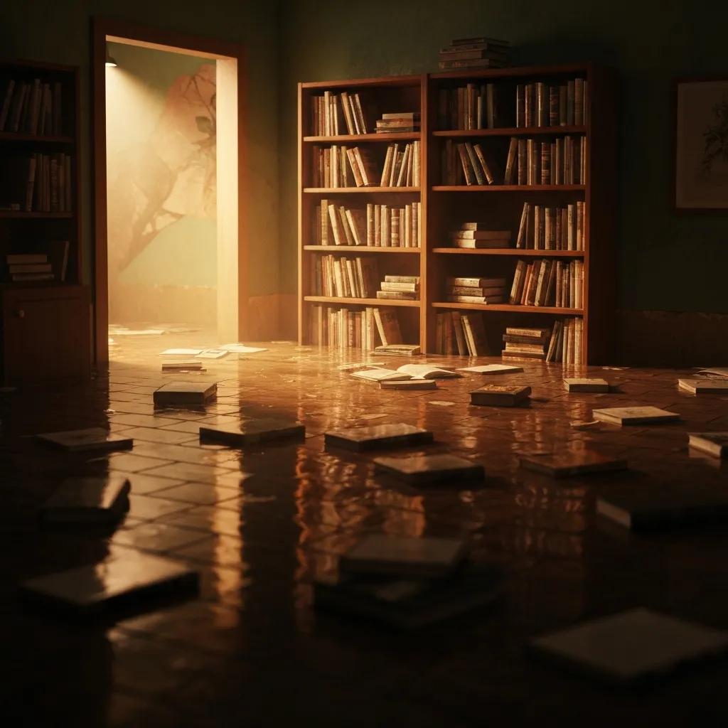 room with water on the floor and bookshelf