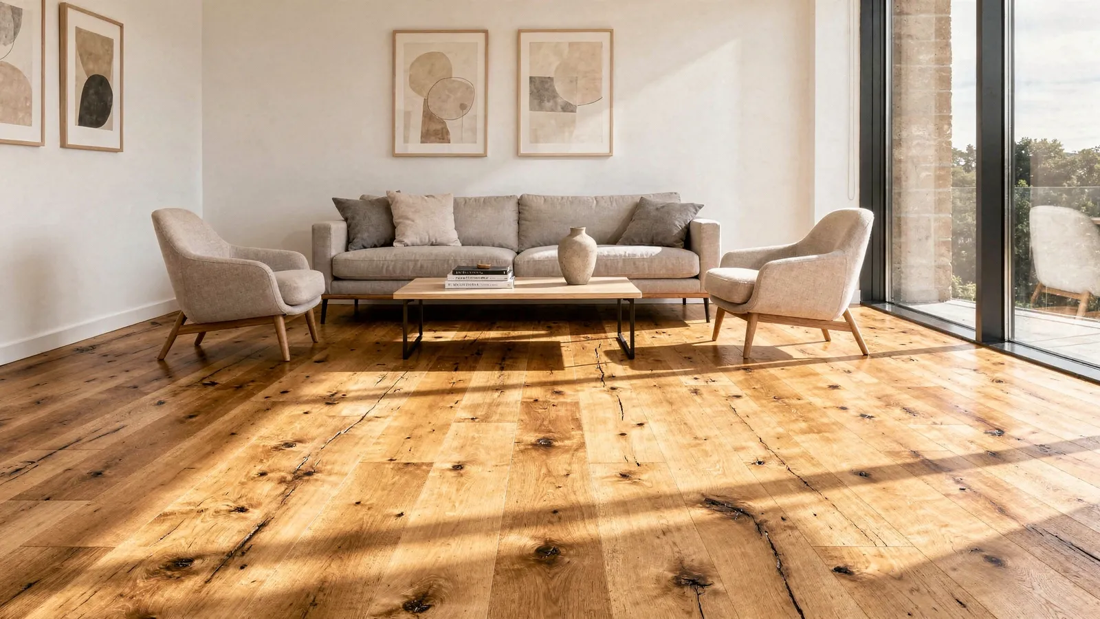 Stylish living room with unique hardwood flooring showcasing solid and engineered wood types
