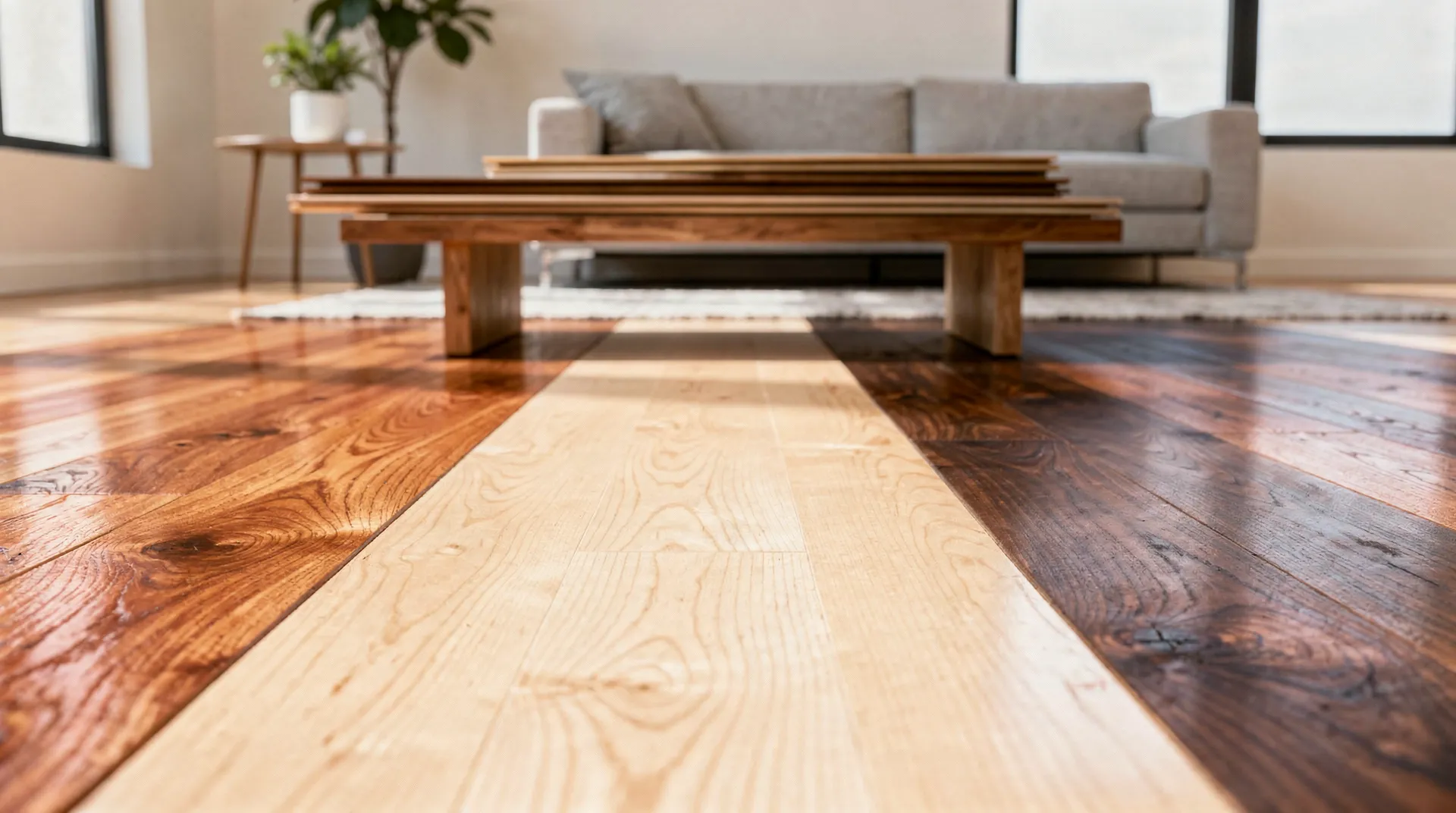 Close-up of hardwood species samples including Red Oak, Maple, and Walnut showcasing unique grain patterns