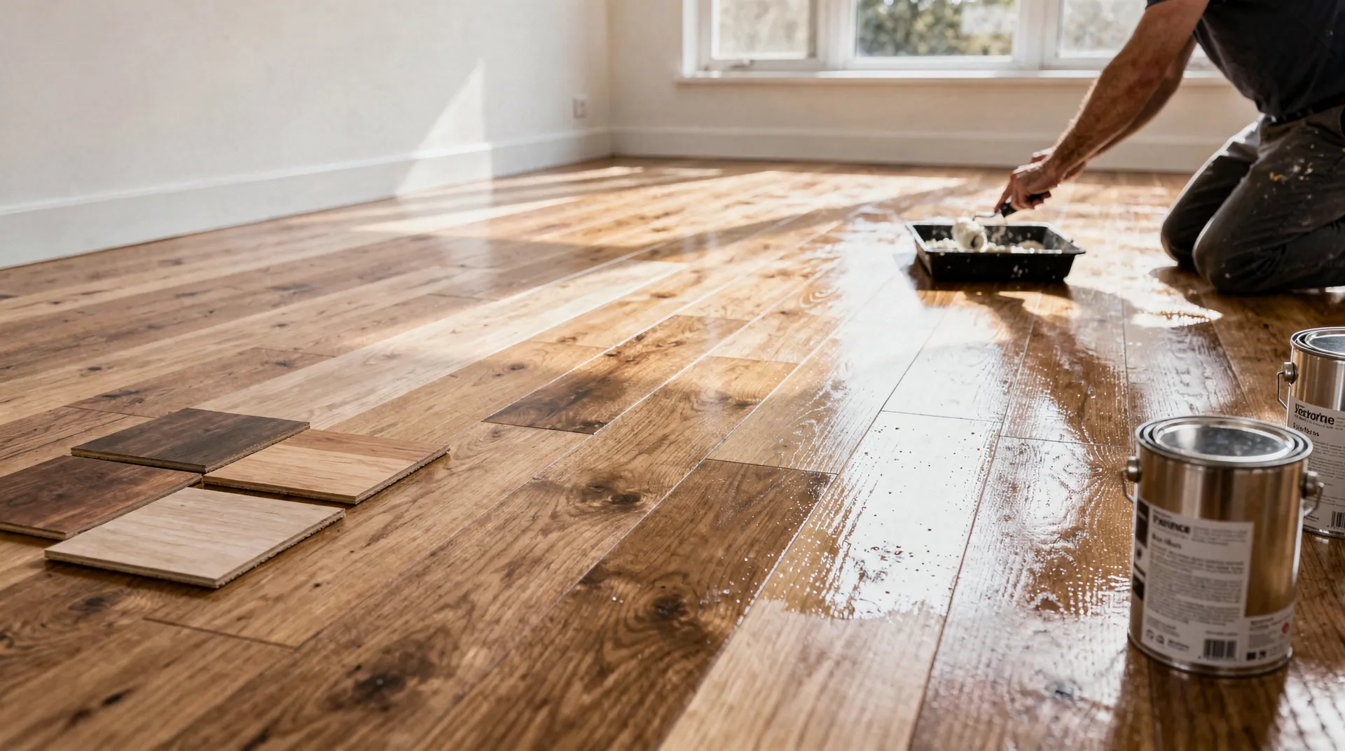 Display of hardwood flooring finishes including oil-based, water-based, and UV-cured samples on wood